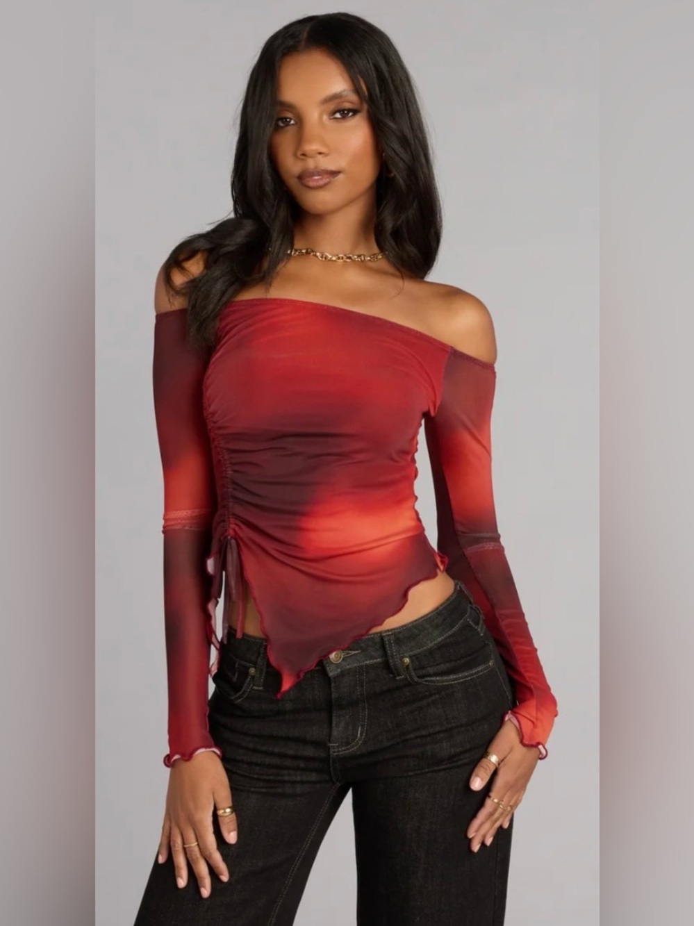 Windsor Mesh Off Shoulder Long Sleeve Ruched Cinch Top Blouse M